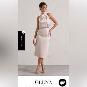 Geena Champagne Satin Twisted High-Neck Midi Dress - NWT